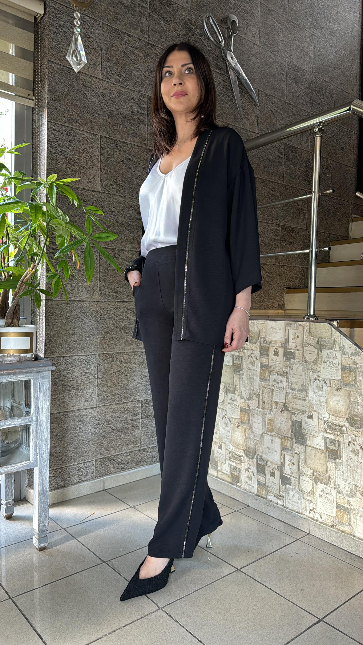 Kristal Taş Şeritli Kimono Takım 7070