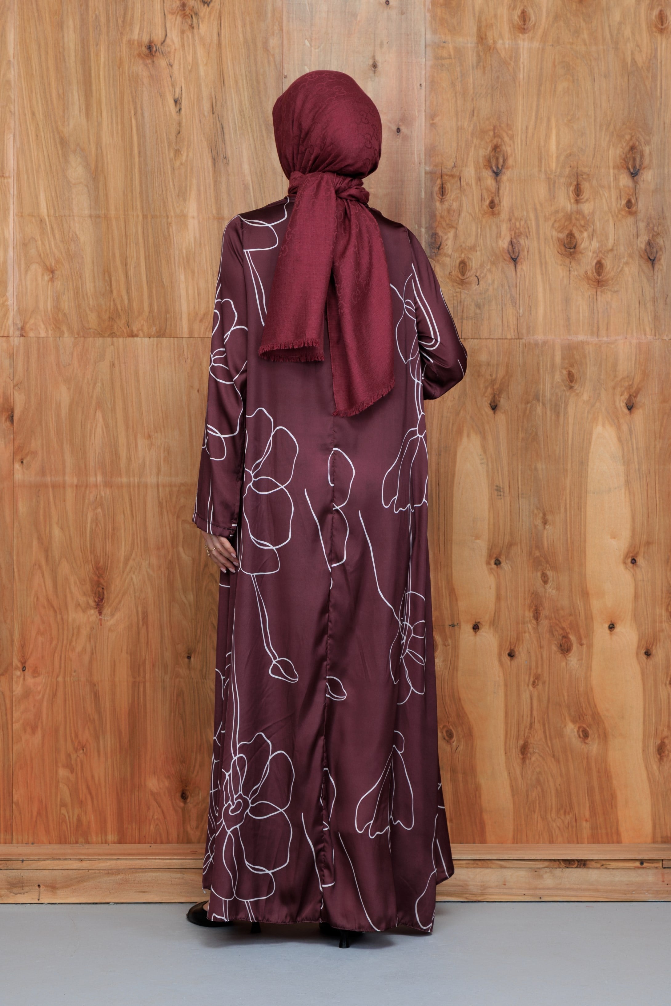 Flower Bordo Çiçek Desenli Saten Cepli Elbise