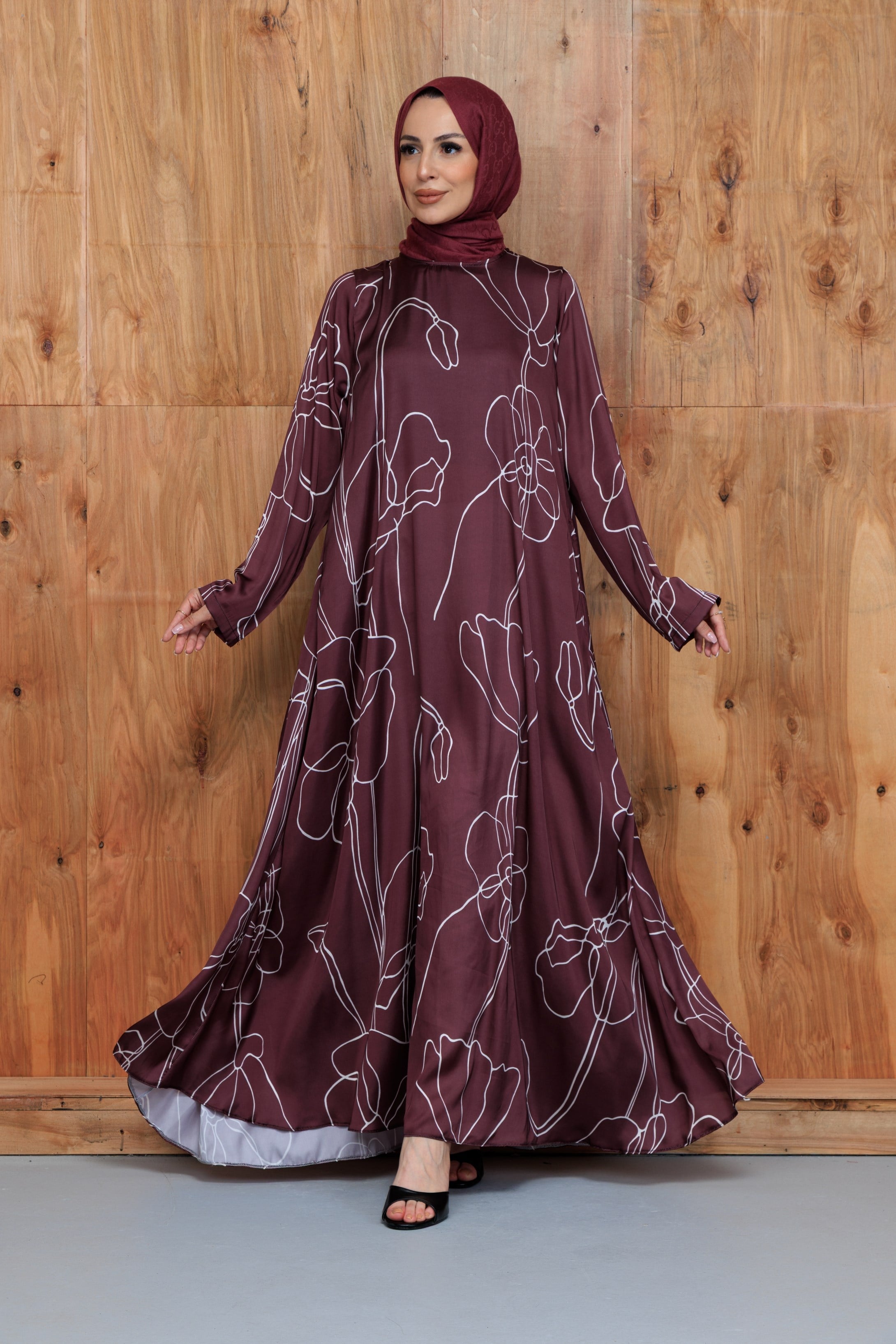 Flower Bordo Çiçek Desenli Saten Cepli Elbise