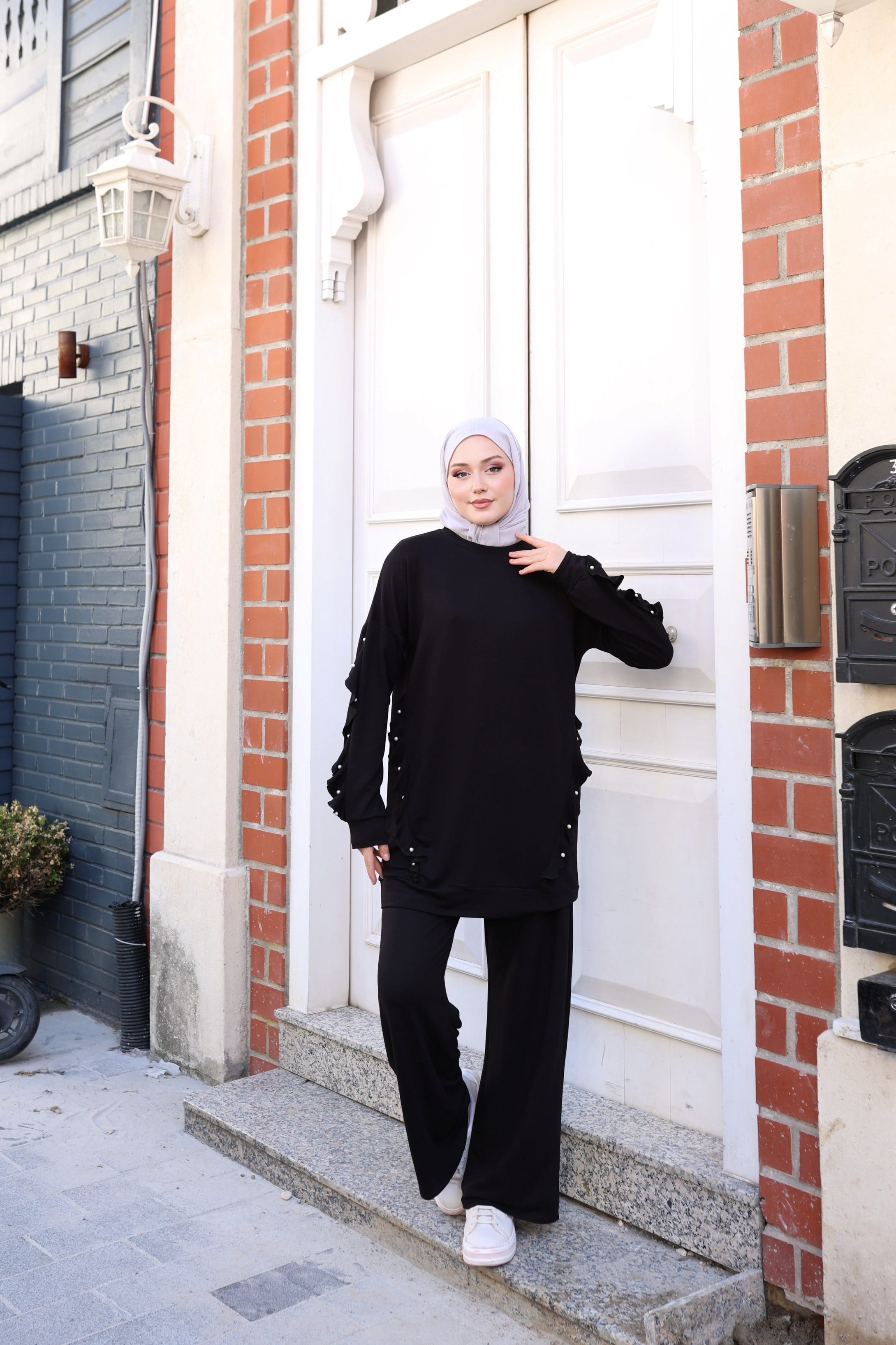 İnci ve Fırfır Detaylı Rahat Bambu İki İplik İkili Takım Ruffle