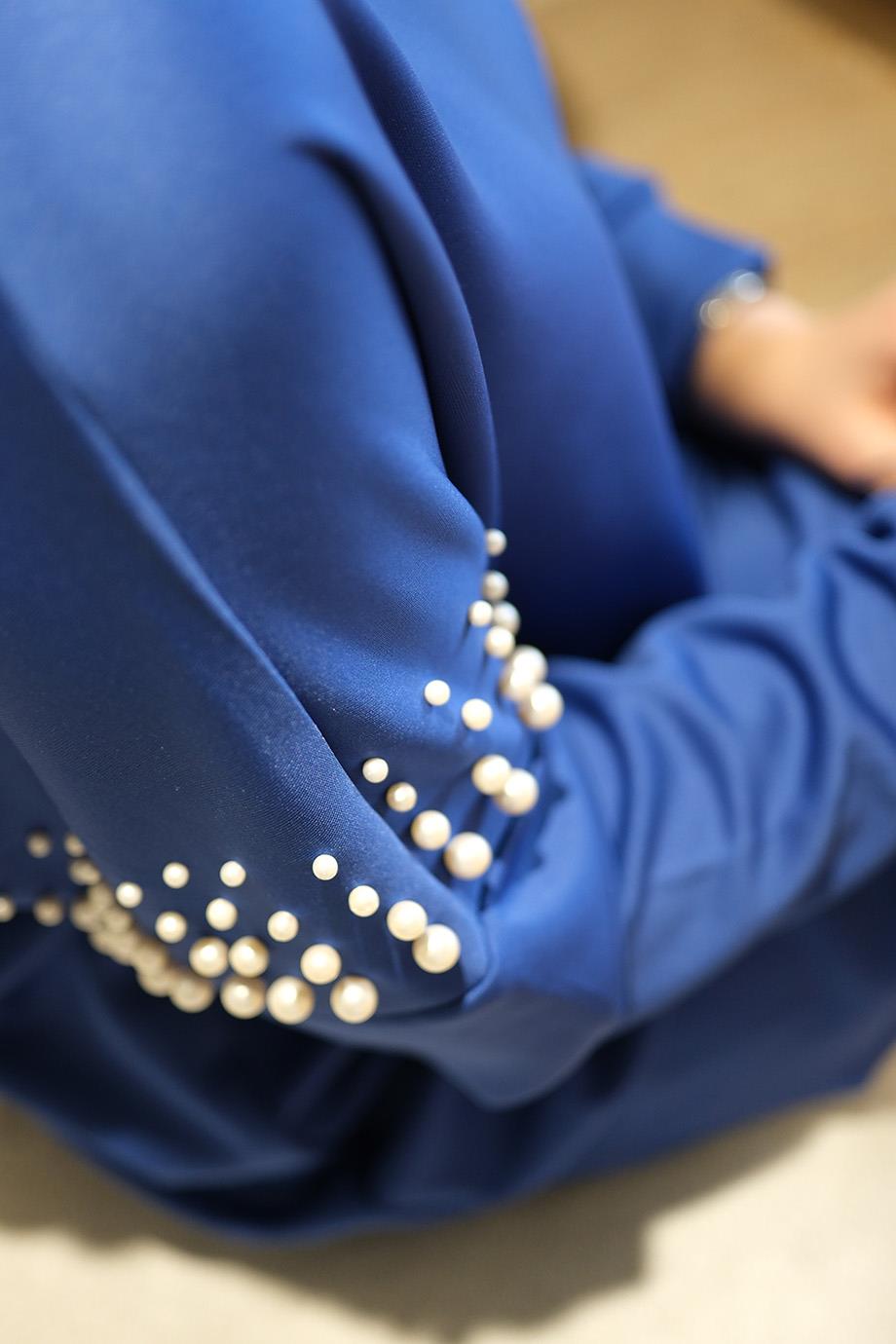 İncili Düşük Kol Saks Mavi Scuba Balıkçı Yaka Sweat Pearl