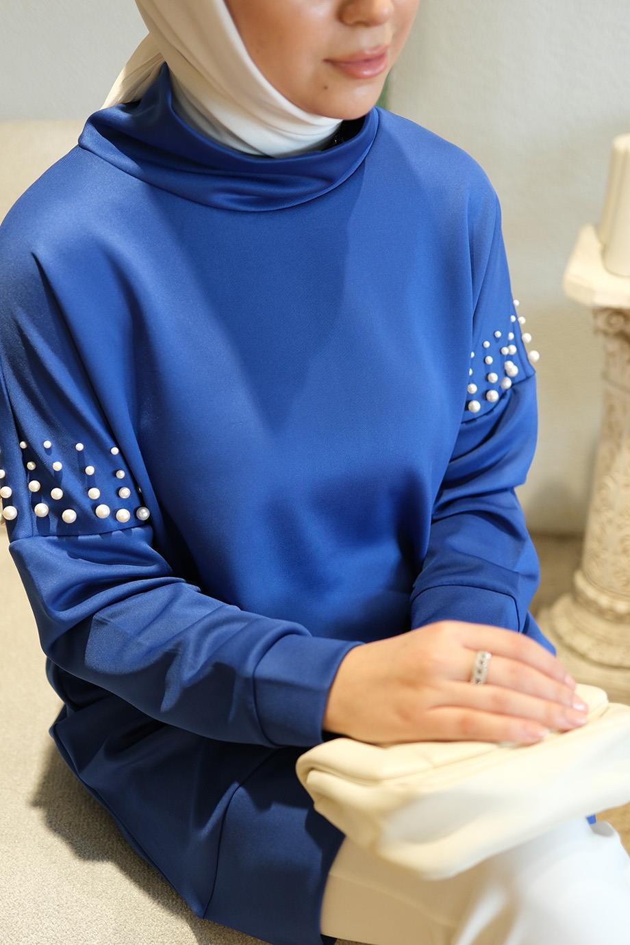 İncili Düşük Kol Saks Mavi Scuba Balıkçı Yaka Sweat Pearl