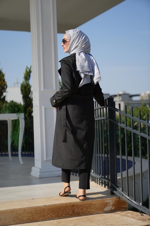 Klasik Su Geçirmez Rüzgar Geçirmez Astarlı Siyah Trençkot Melisa