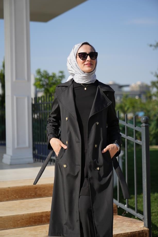 Klasik Su Geçirmez Rüzgar Geçirmez Astarlı Siyah Trençkot Melisa