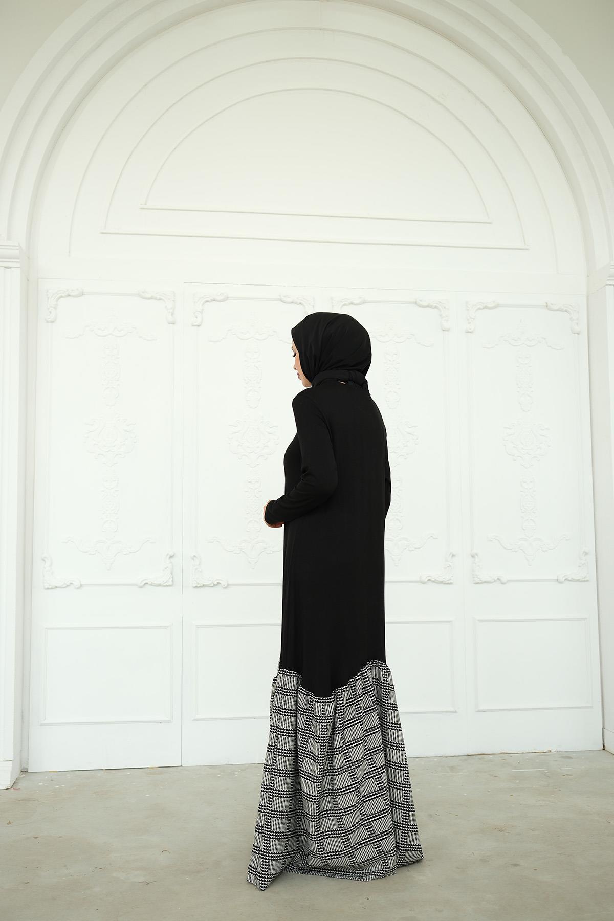 Pamuk Penye Siyah Ekose Ashley Volanlı Elbise