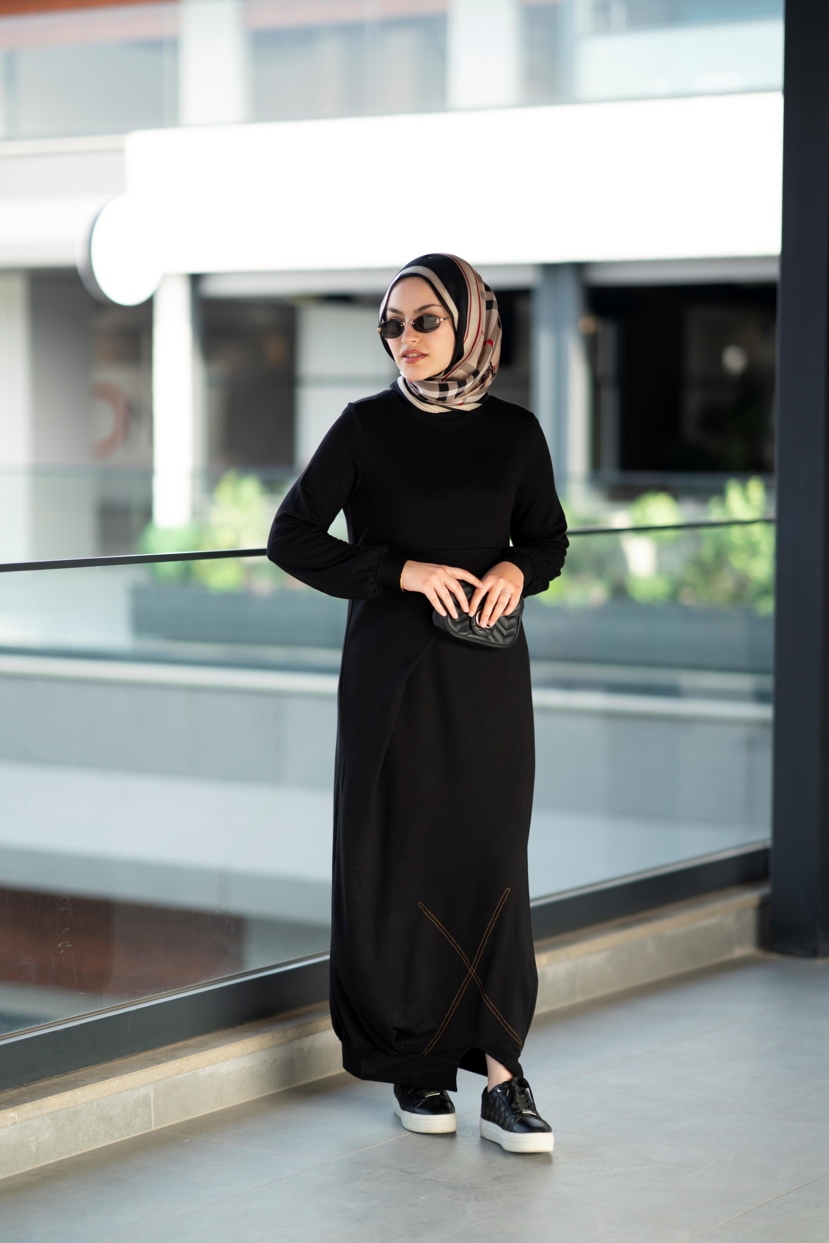 Şalvar Görünümlü Bambu İki İplik Siyah Elbise Dixie