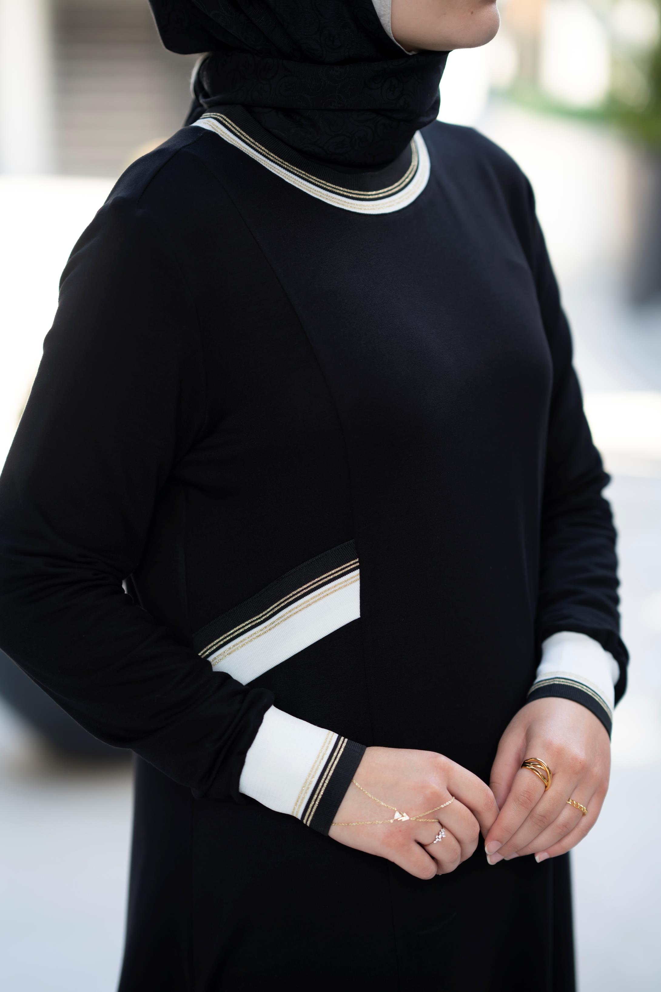 Sena Elbise Siyah Bambu İki İplik Ribana Detaylı