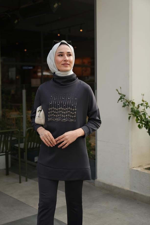 Taş Detaylı Scuba Tunik Pantolon Antrasit İkili Takım Tulsa