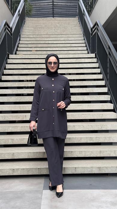 Düğme Detaylı Tunik Pantolon Antrasit İkili Takım Beyond