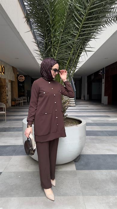 Düğme Detaylı Tunik Pantolon Kahve İkili Takım Beyond