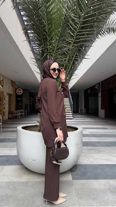 Düğme Detaylı Tunik Pantolon Kahve İkili Takım Beyond