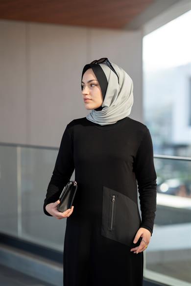 Fermuar Detaylı Siyah Bambu Dex Elbise