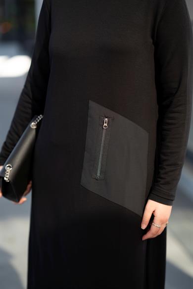 Fermuar Detaylı Siyah Bambu Dex Elbise