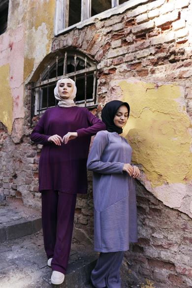Fitilli Tunik Pantolon Gri İkili Takım Santana