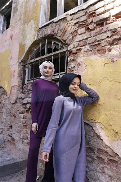 Fitilli Tunik Pantolon Gri İkili Takım Santana