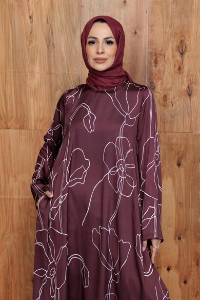 Flower Bordo Çiçek Desenli Saten Cepli Elbise