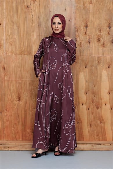 Flower Bordo Çiçek Desenli Saten Cepli Elbise