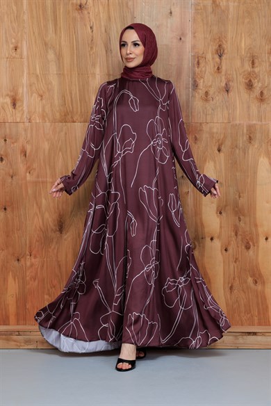 Flower Bordo Çiçek Desenli Saten Cepli Elbise