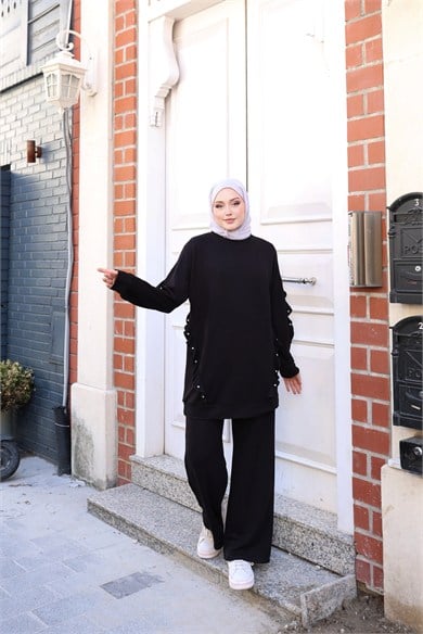 İnci ve Fırfır Detaylı Rahat Bambu İki İplik İkili Takım Ruffle