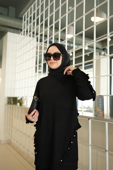 İnci ve Fırfır Detaylı Rahat Bambu İki İplik İkili Takım Ruffle