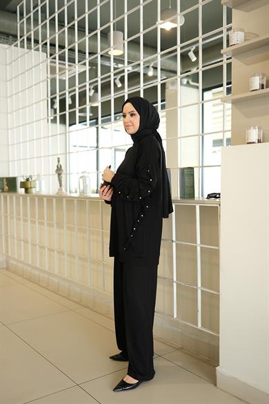 İnci ve Fırfır Detaylı Rahat Bambu İki İplik İkili Takım Ruffle