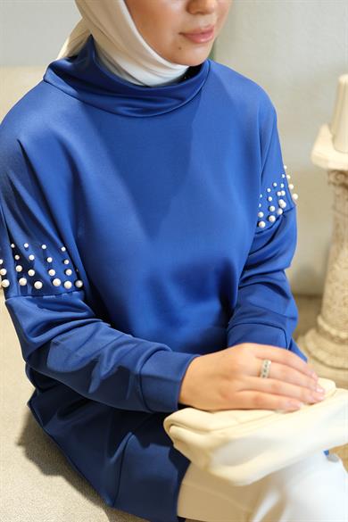 İncili Düşük Kol Saks Mavi Scuba Balıkçı Yaka Sweat Pearl