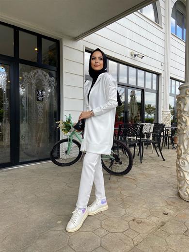 İncili Scuba Hırka Pantolon Ekru Beyaz İkili Takım Sonia