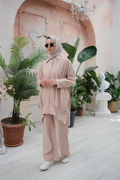 İpek Cupra Gömlek Pantolon Vizon Angel İkili Takım