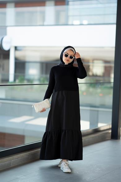 Kapüşonlu Paraşüt İki İplik Siyah Elbise Carra