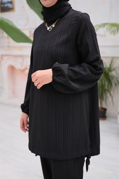 Keten Aerobin Şalvar Pantolon Siyah Ripple İkili Takım