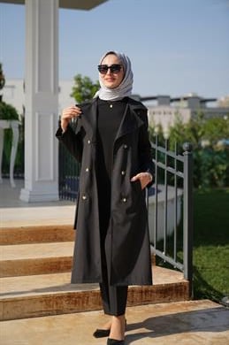 Klasik Su Geçirmez Rüzgar Geçirmez Astarlı Siyah Trençkot Melisa