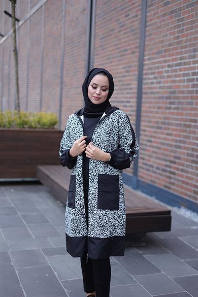 Leopar Desenli Kapüşonlu Cepli Abelya Kap