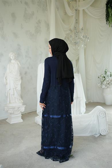 Pamuk Penye Lacivert Dantel Liana Elbise
