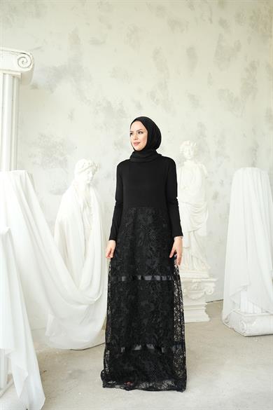 Pamuk Penye Siyah Dantel Liana Elbise