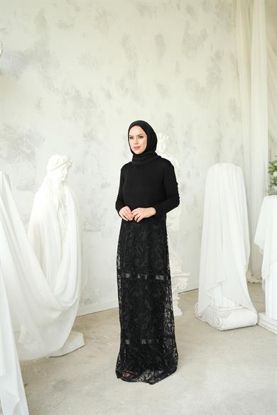 Pamuk Penye Siyah Dantel Liana Elbise