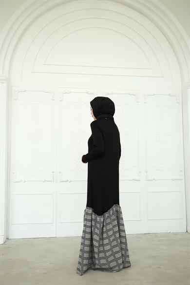 Pamuk Penye Siyah Ekose Ashley Volanlı Elbise
