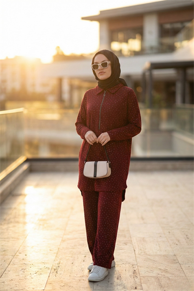 Porto Taş Detaylı İkili Takım Bordo