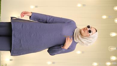 Qupra Yarım Fermuar Gömlek Pantolon İndigo Mavi Tesettür Takım Kansas