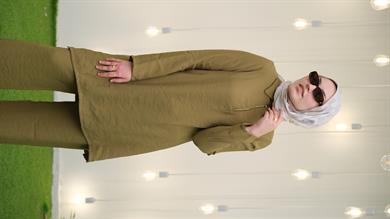 Qupra Yarım Fermuar Gömlek Pantolon Zeytin Yeşil Tesettür Takım Kansas