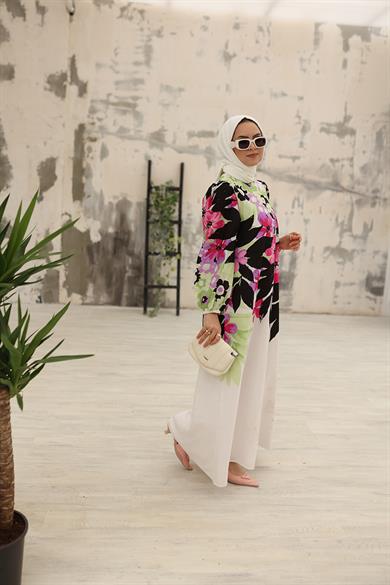 Renkli Çiçekli Fuşya Beyaz Elbise Clara