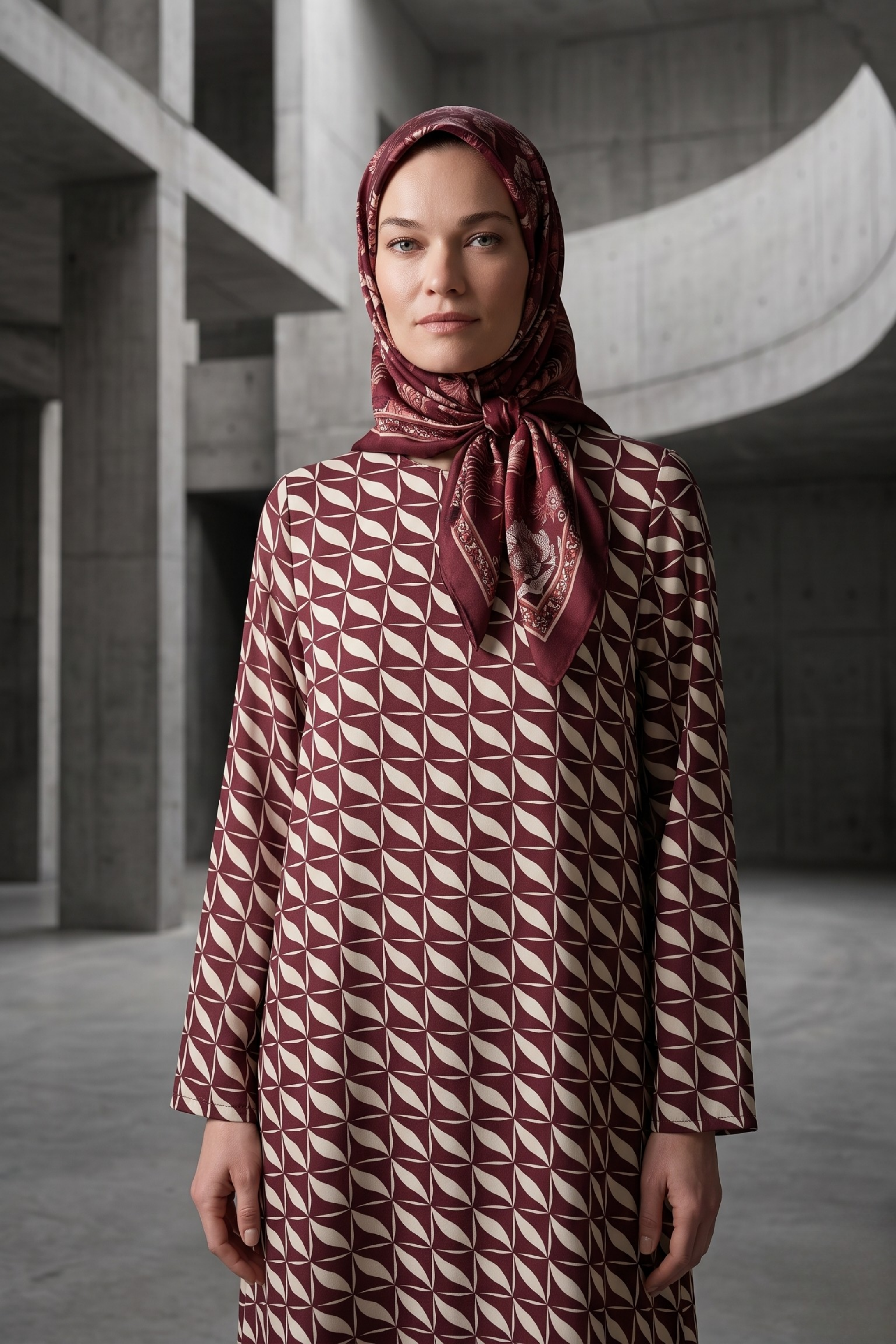 Alia Geometrik Desenli Bordo Elbise