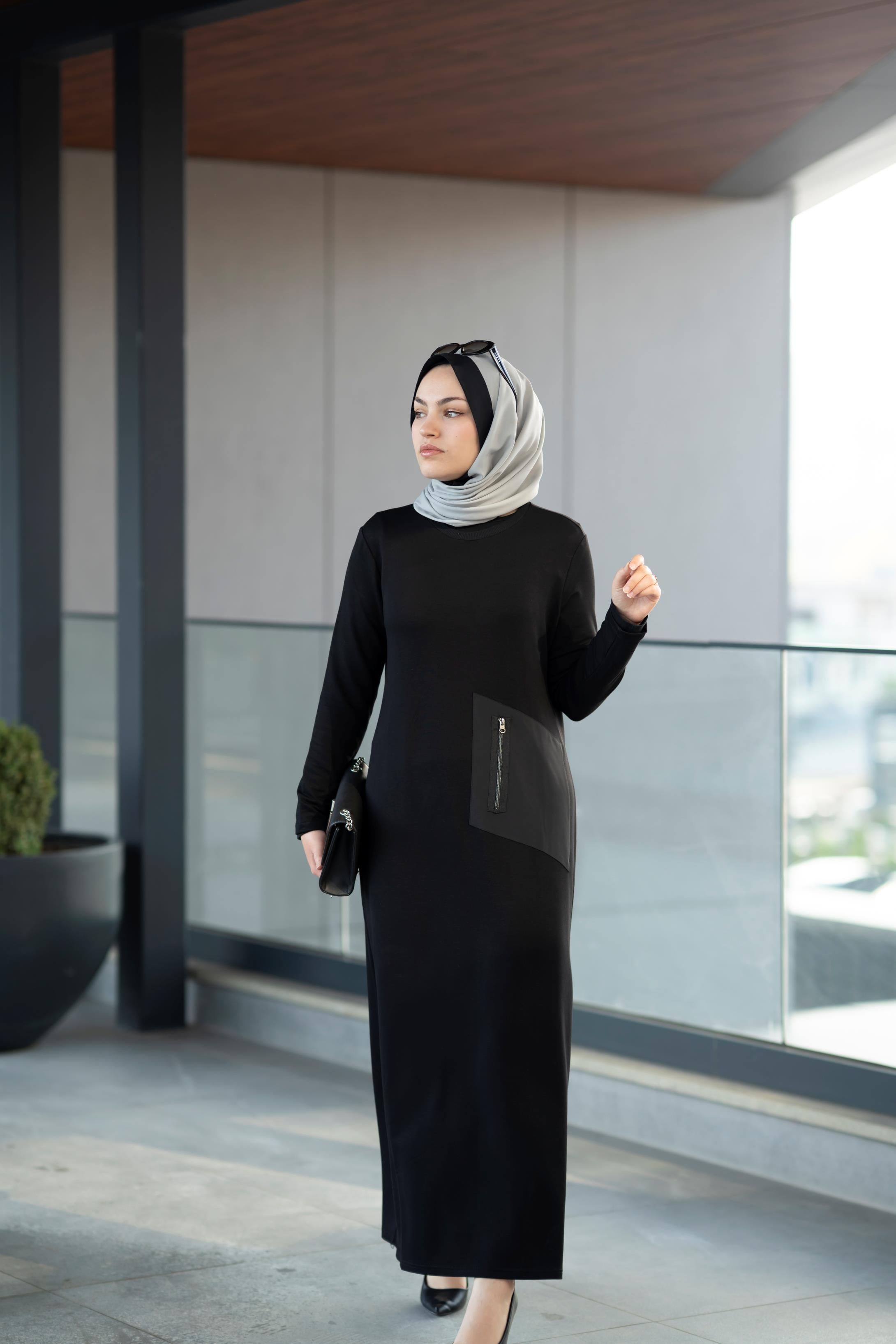 Fermuar Detaylı Siyah Bambu Dex Elbise