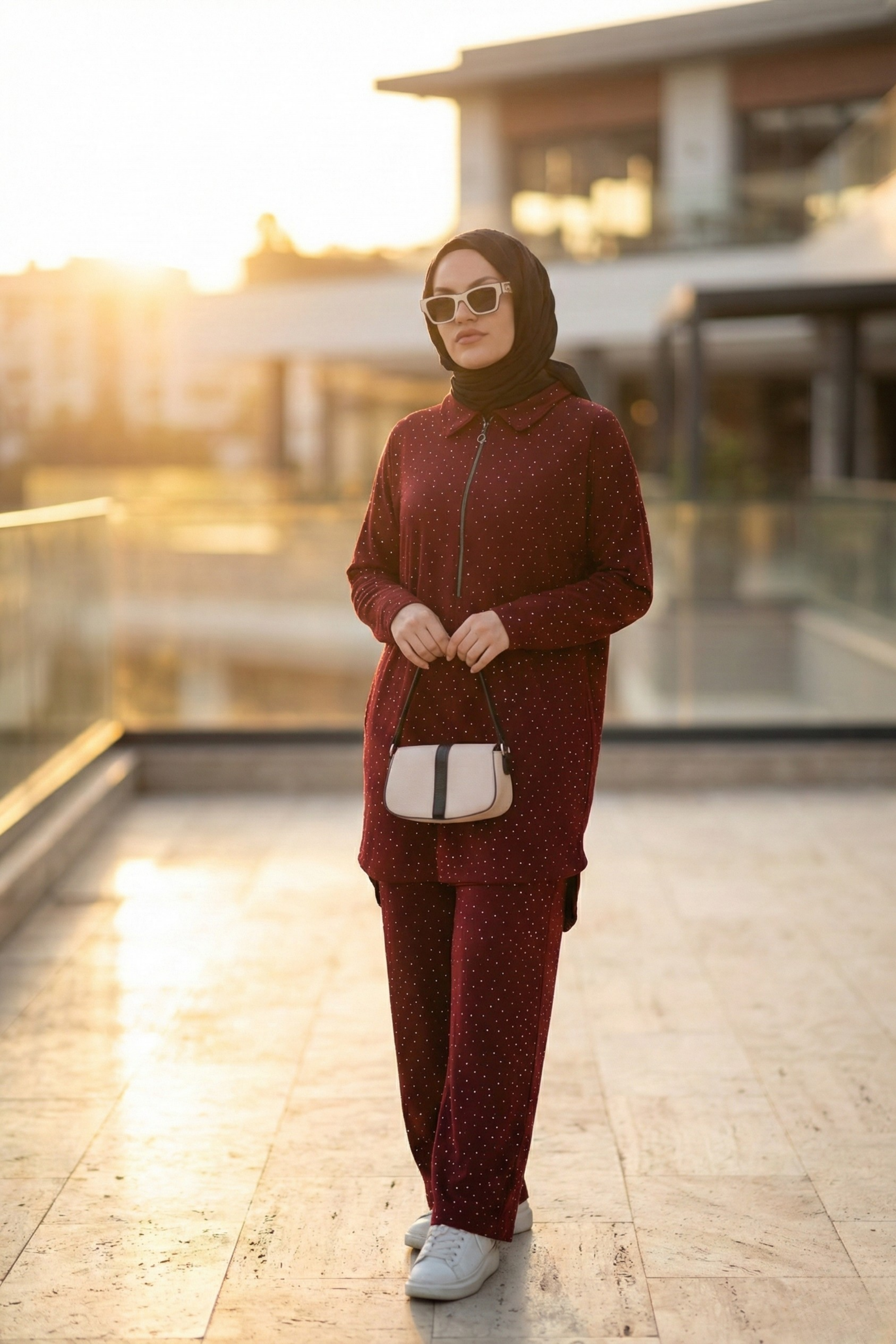 Porto Taş Detaylı İkili Takım Bordo