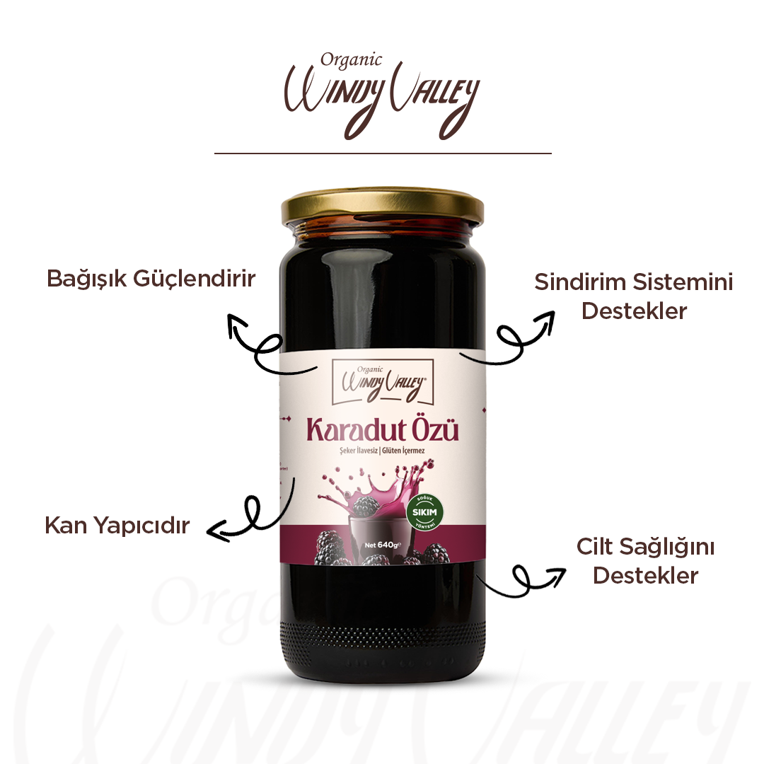 Gurme Karadut Özü  (640 gr ) Soğuk Sıkım, Şeker ilavesiz, Gluten içermez  