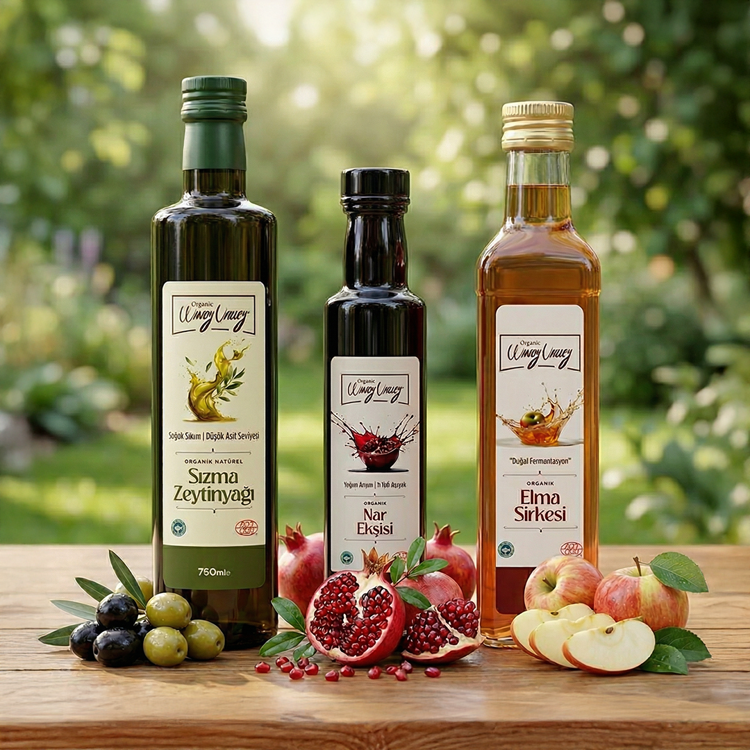 Organik Soslar Seti;  Soğuk sıkım zeytinyağı (750ml) - Elma Sirkesi (500 ml) - Nar Ekşisi (350 gr) 