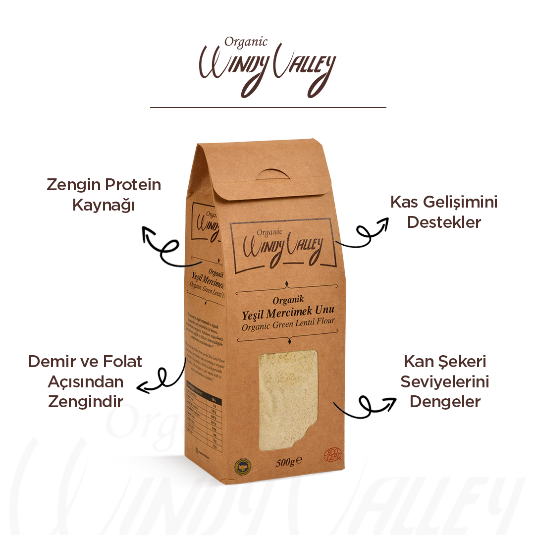 Organik Yeşil Mercimek Unu (500 gr) Glutensiz , Yerli ürün 