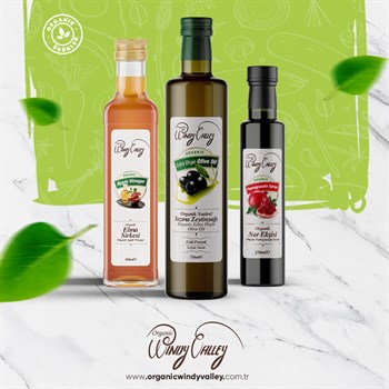 Organik Soslar Seti;  Soğuk sıkım zeytinyağı (750ml) - Elma Sirkesi (500 ml) - Nar Ekşisi (350 gr) 