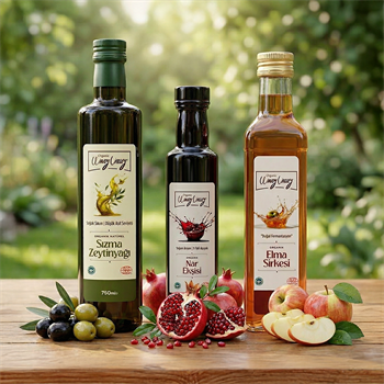 Organik Soslar Seti;  Soğuk sıkım zeytinyağı (750ml) - Elma Sirkesi (500 ml) - Nar Ekşisi (350 gr) 