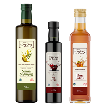 Organik Soslar Seti;  Soğuk sıkım zeytinyağı (750ml) - Elma Sirkesi (500 ml) - Nar Ekşisi (350 gr) 