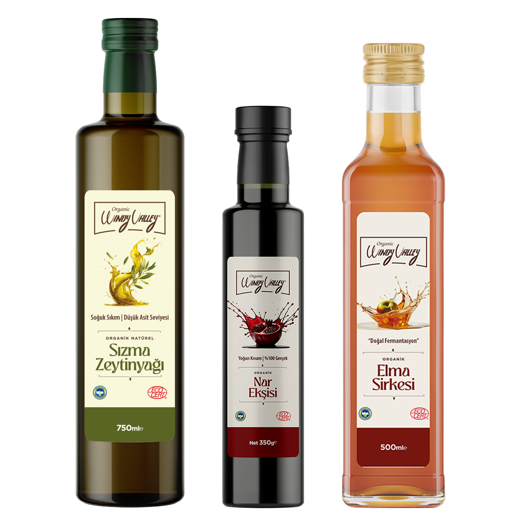 Organik Soslar Seti;  Soğuk sıkım zeytinyağı (750ml) - Elma Sirkesi (500 ml) - Nar Ekşisi (350 gr) 